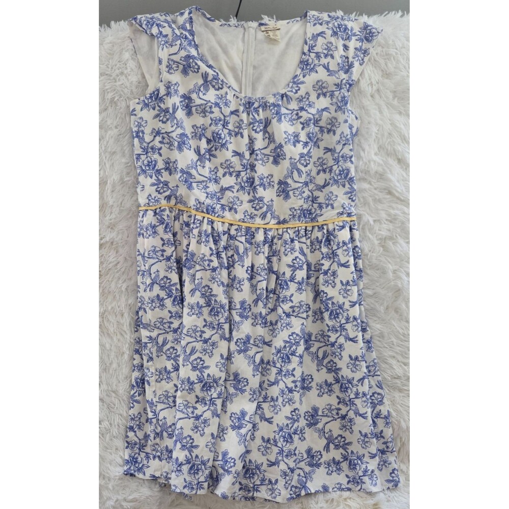 Matilda Jane Dress Womens 14 Blue White Floral Bird Print Linen Blend